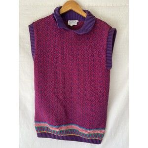 Vtg The Villager Storybook Sweater Vest Women's Sz M Cottagecore Pink & Purple